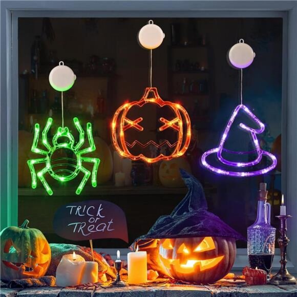 Halloween Window Decorations 3 Pack Orange Pumpkin Green Spider Purple - Picture 1 of 7